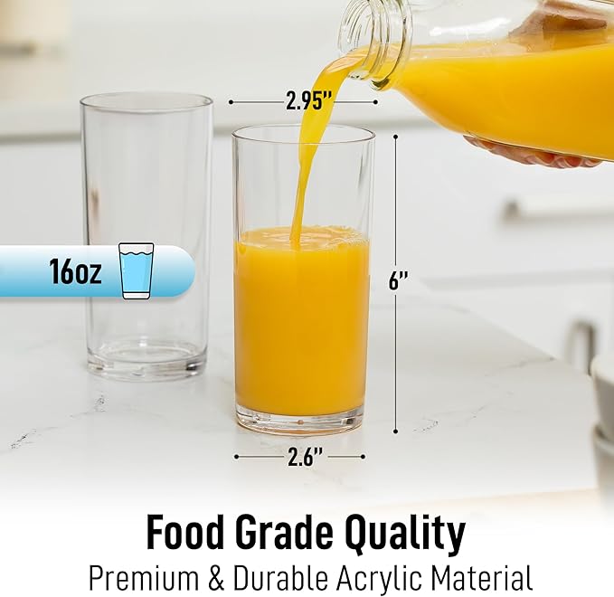 Zulay Kitchen Acrylic Glasses Drinkware - 8 Piece Unbreakable Plastic Tumblers - BPA-Free, Reusable Plastic Drinking Glasses for Home & Outdoors - Stackable, Lead-Free & Dishwasher Safe - (16 oz)