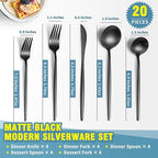 Lemeya Matte Black Silverware Set for 4,Modern Stainless Steel Brushed Cutlery Set,20-Pieces Heavy Duty Flatware Set,Knives Spoons and Forks Set Utensils Set, Satin Finish, Dishwasher Safe