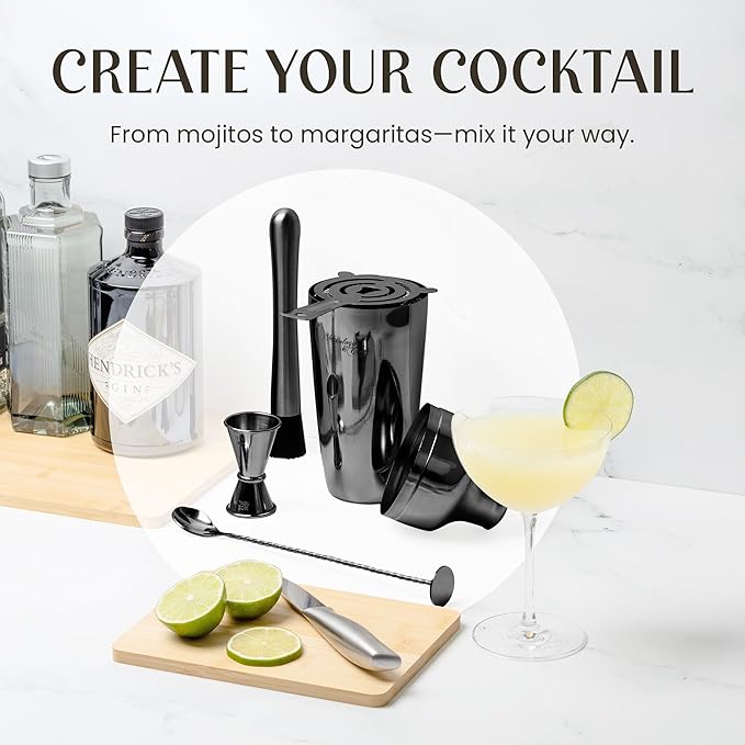 Mixology Bartender Kit: 10-Piece Bar Tool Set with Mahogany Stand | Perfect Home Bartending Kit and Martini Cocktail Shaker Set for a Perfect Drink Mixing Experience | Housewarming Gift (Gun-Metal)