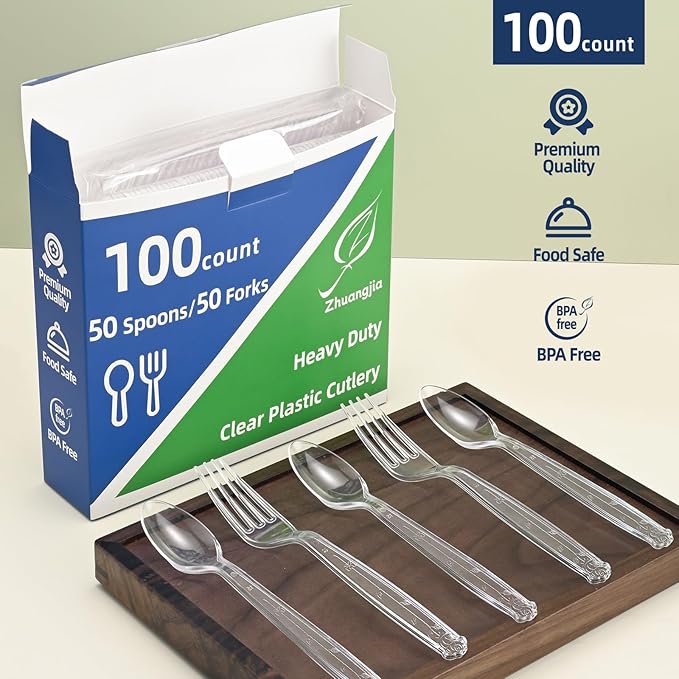 100 Count Extra Heavy Duty Clear Plastic Forks Disposable, BPA-Free, Heat Resistant, Durable Disposable Forks Bulk for Catering & Events 、Party Supplies