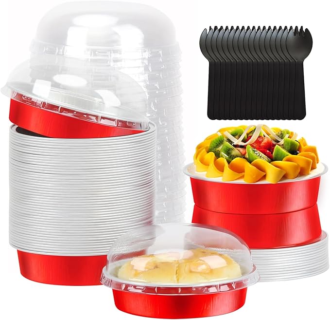 LNYZQUS 8oz Mini Cake Pans 4” Pie Tins with Lids 50 Pack, Disposable Aluminum Foil Baking Pans Dishes,Small Creme Brulee Tart Ramekins Individual Mini Pie Contaniers for Christmas-Red