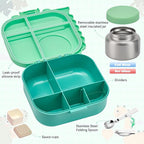 Bento Lunch Box with Thermo, 4-Compartment Bento Box with Adjustable Dividers, Leakproof Dinosaur Lunch Box with 14.2OZ Insulated Food Jar & Sauce Jar, for School Office Travel(Green)