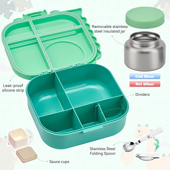 Bento Lunch Box with Thermo, 4-Compartment Bento Box with Adjustable Dividers, Leakproof Dinosaur Lunch Box with 14.2OZ Insulated Food Jar & Sauce Jar, for School Office Travel(Green)
