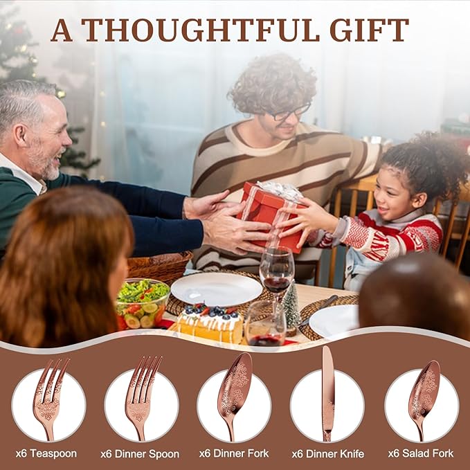 30-Piece Stainless Steel Silverware Set, Elegant Floral Engraved Cutlery Flatware Set for 6, Durable Tableware Utensil Sets for Formal Dining Include Fork Spoon Knife with Mirror Polish