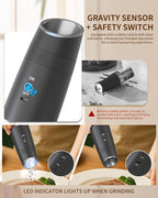 CIRCLE JOY Gravity Electric Salt and Pepper Grinder Set Rechargeable Automatic Pepper and Salt Shakers with LED Light, External Adjustable Coarseness, One-Hand Operation for Salt & Spices