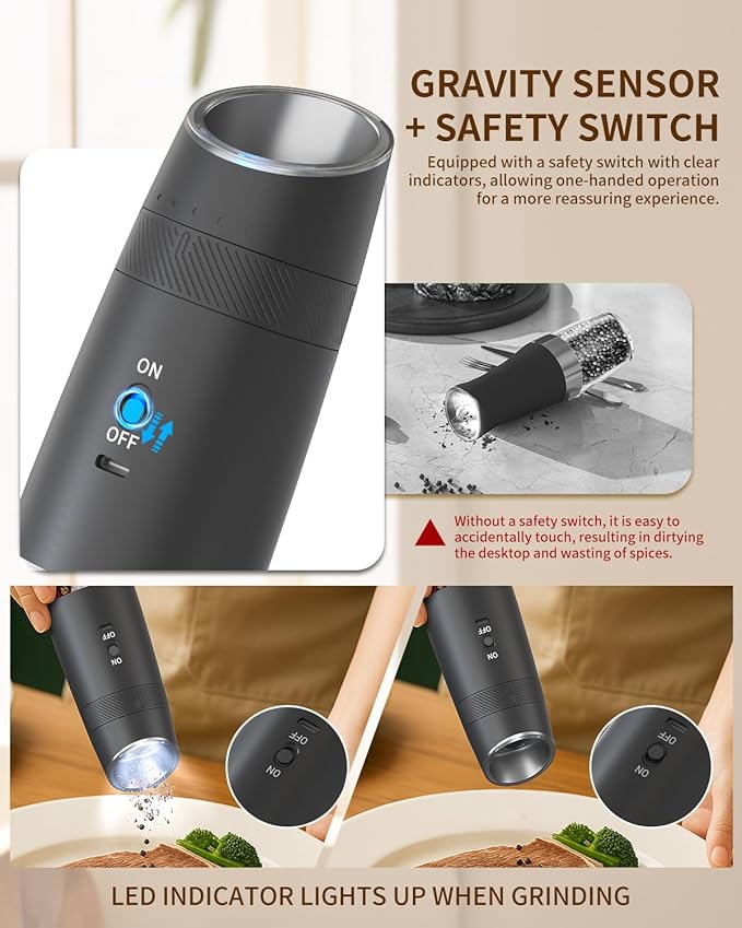 CIRCLE JOY Gravity Electric Salt and Pepper Grinder Set Rechargeable Automatic Pepper and Salt Shakers with LED Light, External Adjustable Coarseness, One-Hand Operation for Salt & Spices