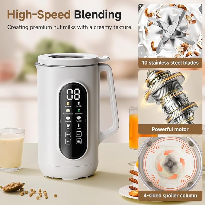 40oz Nut Milk Maker Machine, 10 in 1 Nut Milk Maker for Homemade Almond Milk, Soy Milk, Oatmeal, and Non-Dairy Beverages, Soy Milk Maker with 10 Blades, Delay Start, Keep Warm, Auto-clean, Boiling