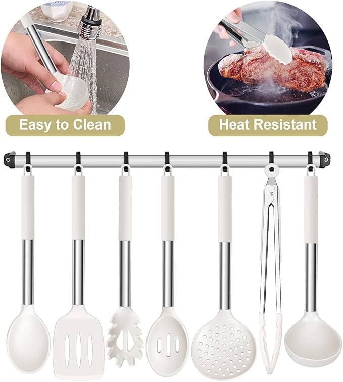 E-far Silicone Cooking Utensils Set, 7 Pcs Heat Resistant Kitchen Utensils with Stainless Steel Handle, Slotted Turner, Spoon, Soup Ladle, Pasta Server, Skimmer, Tongs for Nonstick Cookware, White