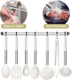 E-far Silicone Cooking Utensils Set, 7 Pcs Heat Resistant Kitchen Utensils with Stainless Steel Handle, Slotted Turner, Spoon, Soup Ladle, Pasta Server, Skimmer, Tongs for Nonstick Cookware, White