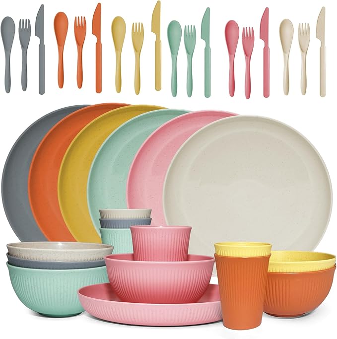 36 pcs Wheat Straw Dinnerware Sets DAPIPIK Unbreakable Reusable Dinnerware Set ，Lightweight Camping Plates Cups and Bowls Set. Dishwasher Microwave Safe Dinnerware