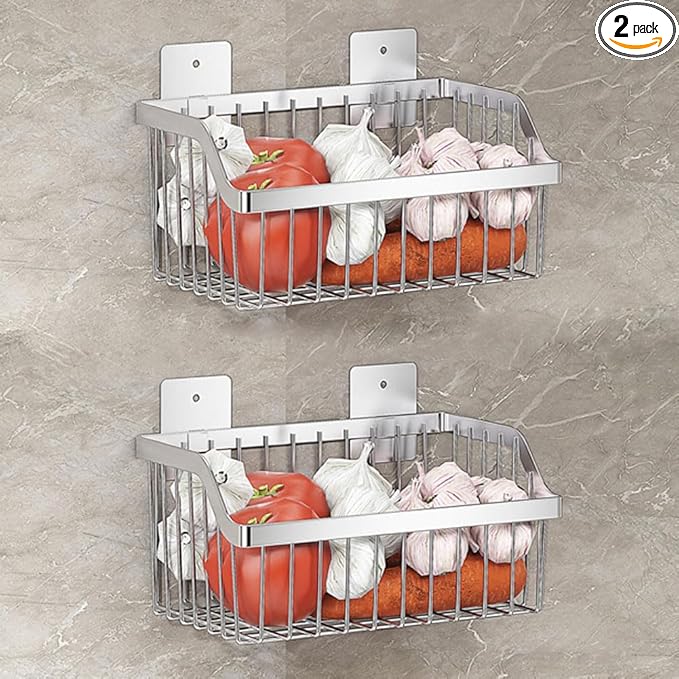 2PCS Hanging Storage Baskets Organizer Wall Mount, SUS304 Stainless Steel Wire Storage Bin Rack for Kitchen Bathroom Shower Spice Shelf,L 9.84 Inch
