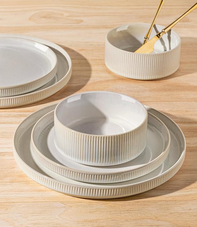 TheTerra Ceramic Dinnerware Sets with Pasta Bowls for 4, 16 Pieces Porcelain Lightweight Plates and Bowls Sets, Scratch Resistant Dish Set, Oven & Microwave & Dishwasher Safe, Reactive White