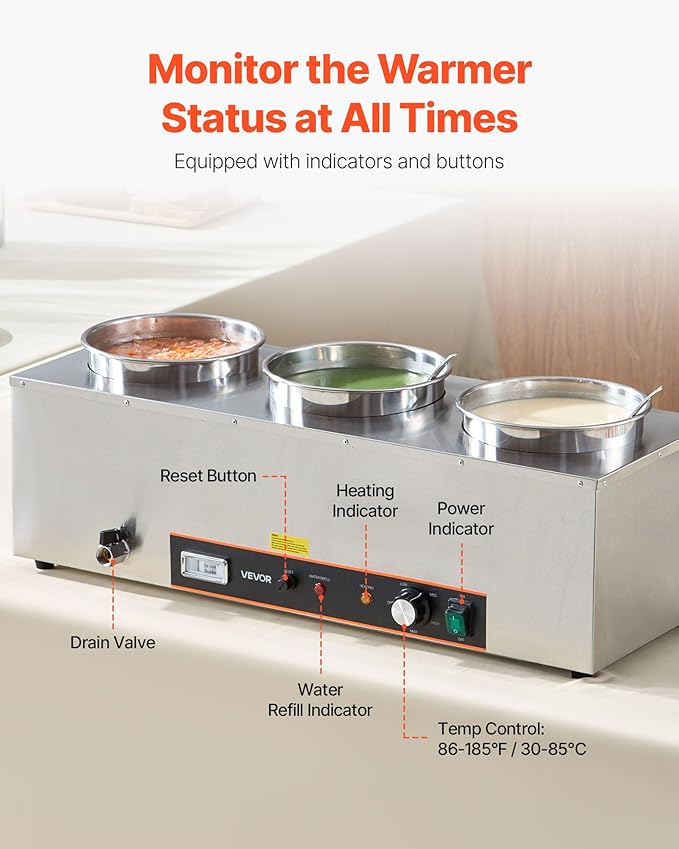 VEVOR Electric Soup Warmer, Three 6.34QT Stainless Steel Round Pot with 86~185°F Adjustable Temp, 1500W Commercial Bain Marie with Anti-Dry Burn and Reset Button, Soup Station for Restaurant, Buffet