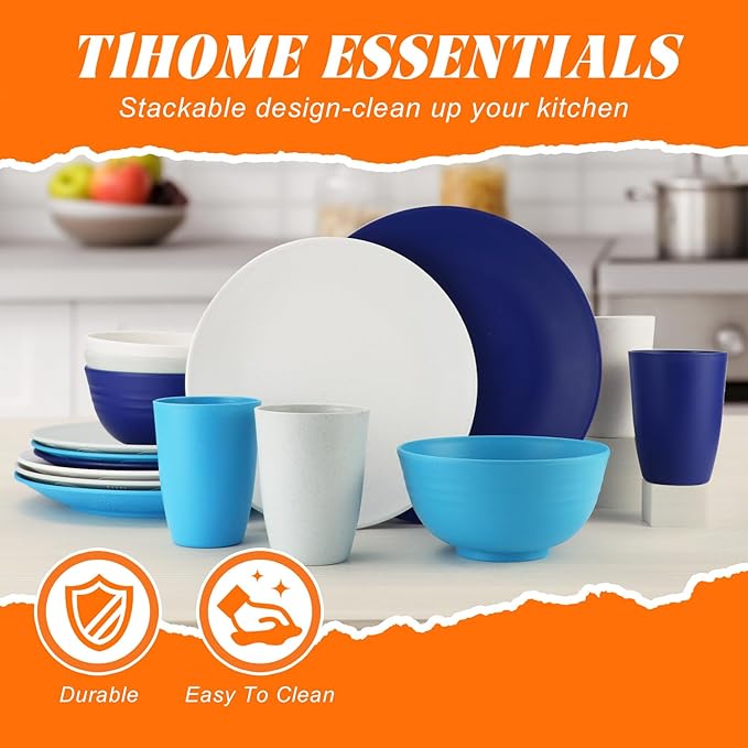Homienly Dinnerware Sets Plates and Bowls Sets Wheat Straw Dish Set Service for 4 Alternative to Plastic Plates Cups Lightweight & Unbreakable Dishes Set for Kitche Outdoor Camping 16 PCS-Island