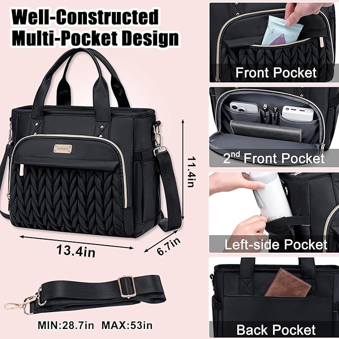 Weitars Insulated Lunch Bag for Women,Leak Proof Lunch Box for Work,Extra Large Lunch Tote Bag With Removable Shoulder Strap with Side Pockets,Reusable Lunch Bag For Picnic Hiking (Black-02)