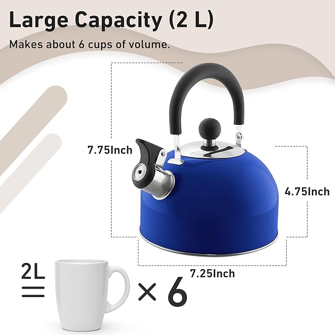 Lily's Home 2 Quart Stainless Steel Whistling Tea Kettle, the Perfect Stovetop Tea and Water Boilers for Your Home, Dorm, Condo or Apartment. (Blue)