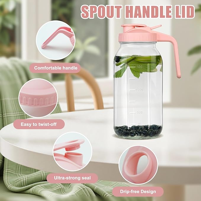 64 oz Glass Pitcher with Lid - 2 Quart Mason Jar Pitcher with Lid, Wide Mouth Airtight & Leakproof Glass Jar for Iced Tea, Juice, Breastmilk, Cold Brew, Sun Tea and Drinks
