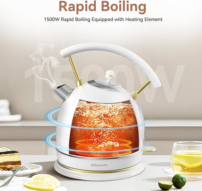 Rasonic Retro Electric Kettle Stainless Steel, 1.8L Tea Water Boiler, 1500W Fast Quiet Boil, Temperature Gauge, Auto Shut-Off, Boil-Dry Protection, White Champagne Gold