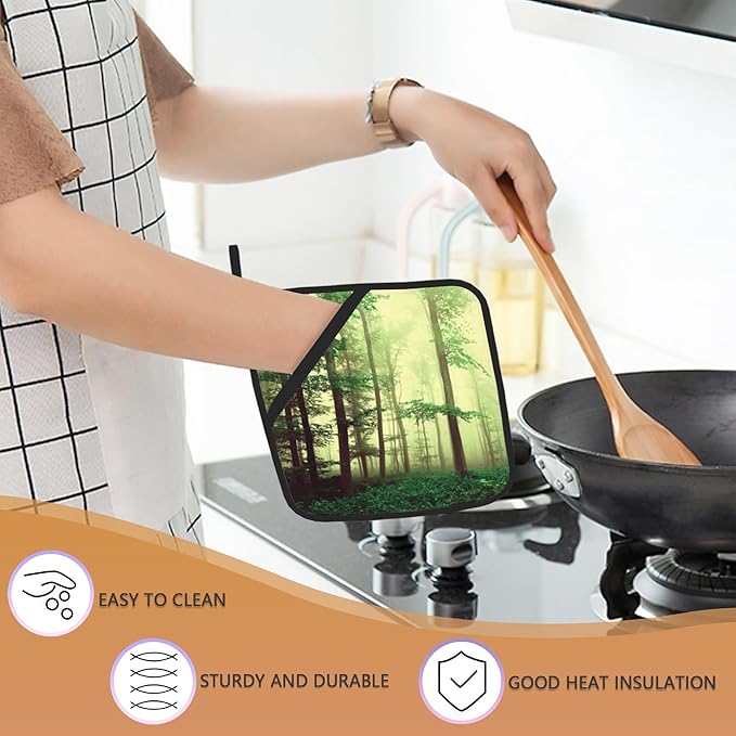 Misty Forest Pot Holders Set of 2, Kitchen Heat Resistant Fantasy Green TreePotholder for Microwave Cooking Baking Oven End Dishes and BBQ
