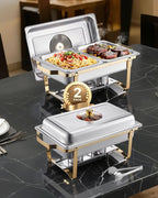 VEVOR Chafing Dish Buffet Set,8 Qt 2 Pack, Stainless Steel Chafer with 4 Half Size Pans, Rectangle Catering Warmer Server with Glass Lid Water Pan Folding Stand Fuel Holder, for Wedding Party Banquet