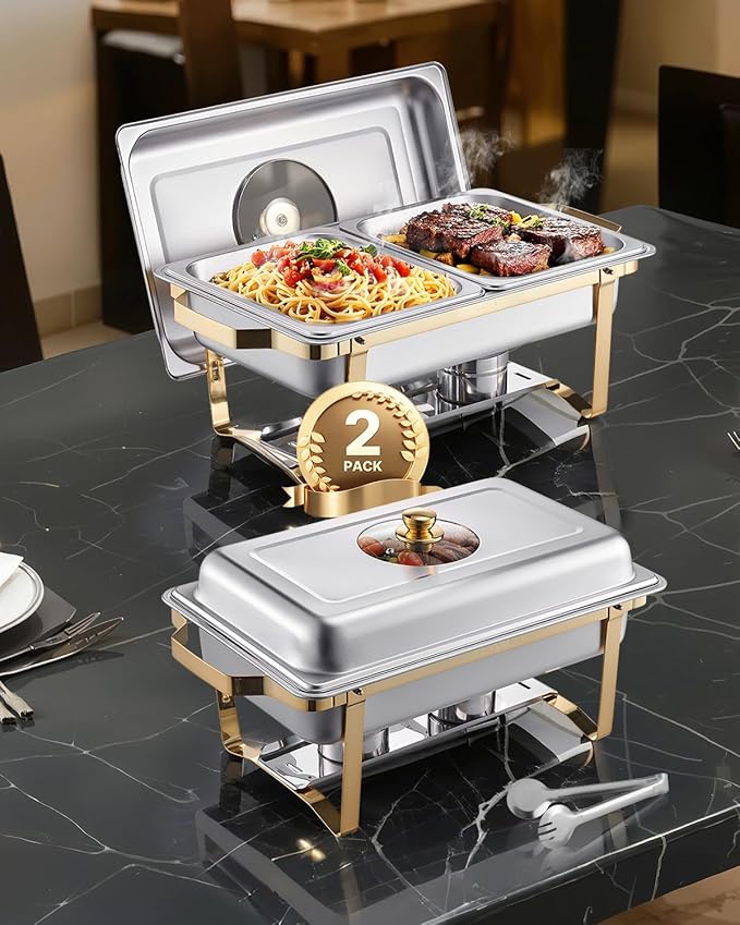 VEVOR Chafing Dish Buffet Set,8 Qt 2 Pack, Stainless Steel Chafer with 4 Half Size Pans, Rectangle Catering Warmer Server with Glass Lid Water Pan Folding Stand Fuel Holder, for Wedding Party Banquet