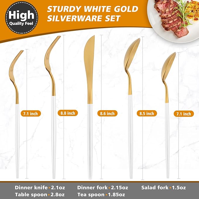 Matte White Gold Silverware Set, Oliviola 40-Piece Stainless Steel Flatware Cutlery Set Service for 8, Satin Finish Kitchen Utensil Set, Dishwasher Safe