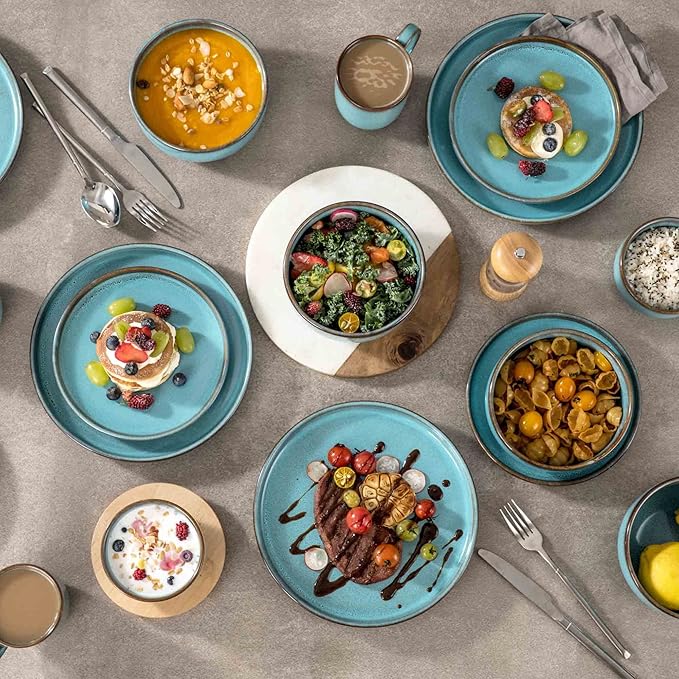 Henten Home Ceramic Salad Bowl Set, 15 OZ Cereal Bowls Set of 4, Porcelain Rice Bowls for Kitchen, Reactive Glaze Serving Soup Bowls for Snack, Pasta, Microwave Safe (Aqua)