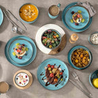 Henten Home 10 Inch Ceramic Dinner Plates, Porcelain Pasta Plates Set of 4, Fluted Round Plates for Kitchen, Steak, Salad Stonware Dishes, Scratch Resistant, Dishwasher & Microwave Safe (Aqua)