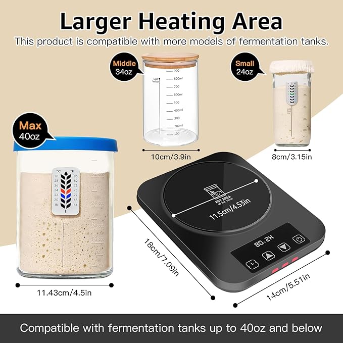 Sourdough Starter Warmer– Precise 1°F Thermostat Control (70–100°F), Auto On/Off, 12-Hour Timer, Fits Jars Up to 40oz, Ideal for Home Baking and Fermentation(Black)