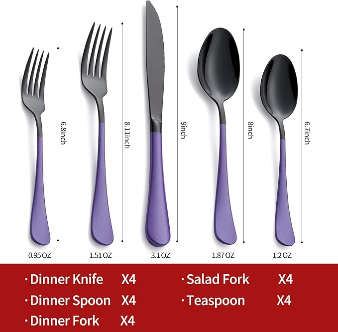 20-Piece Black Silverware Set 18/0 Stainless Steel Flatware Purple Handle Cutlery Set Service for 4 Dinner Knives Forks Spoons Set Mirror Finish Dishwasher Safe