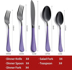 20-Piece Black Silverware Set 18/0 Stainless Steel Flatware Purple Handle Cutlery Set Service for 4 Dinner Knives Forks Spoons Set Mirror Finish Dishwasher Safe