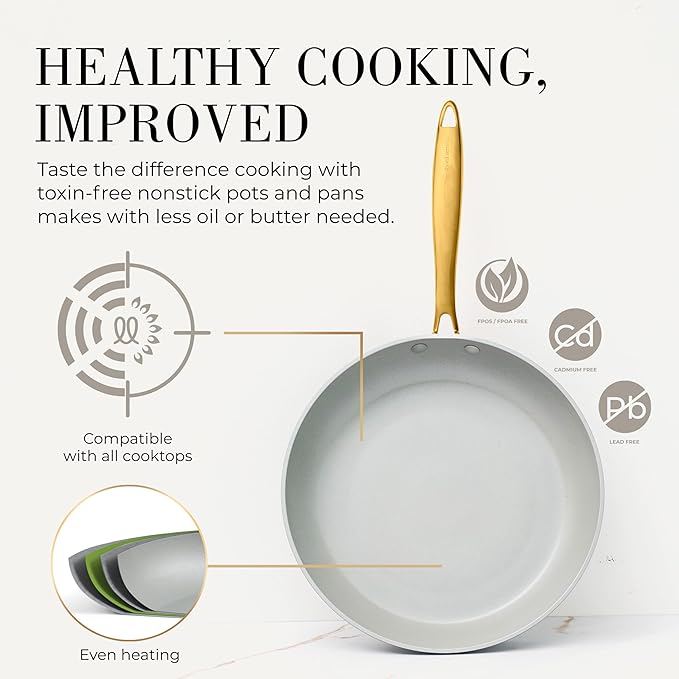 White and Gold Pots and Pans 15 PC Set - Premium Heavy Gauge Nonstick, Non Toxic, PFOA Free, Oven and Dishwasher Safe, Induction Compatible Cookware Set - Gold Kitchen Accessories