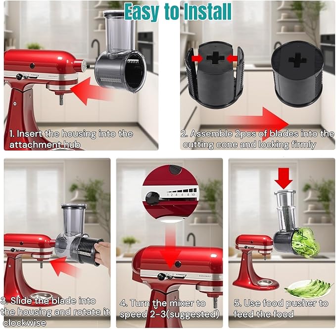 Stainless Steel Slicer Shredder Attachment Compatible with Kitchenaid Stand Mixer Parts Accessories, Vegetable Shredder Cheese Grater with Detachable 5 Blades