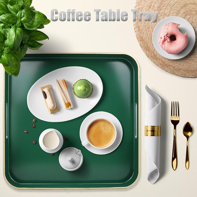 Green Square Decorative Tray with Handles, 13"*13" Versatile Serving Tray for Coffee Table, Ottoman, Ideal for Serving, Displaying, Organizing