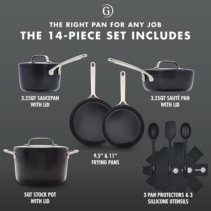 GreenPan GP5 Hard Anodized Healthy Ceramic Nonstick 14 Piece Cookware Pots & Pans Set, Heavy Gauge Scratch Resistant, Stay-Flat-Surface, Induction, Oven Safe, PFAS-Free, Black