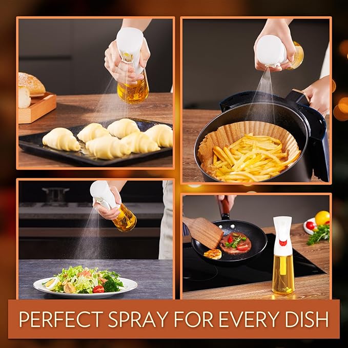 FLAIROSOL OLIVIA Oil Sprayer for Cooking, 2 Pack 200ML Glass Olive Oil Sprayer, Continuous Cooking Spray Dispenser with Portion Control for Kitchen Air Fryer, Salad, BBQ, White