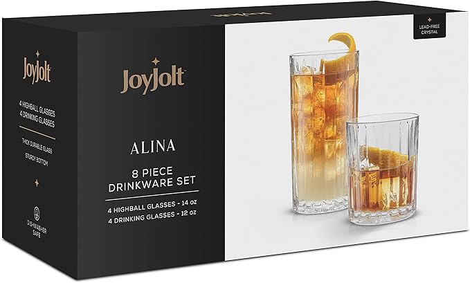 JoyJolt Drinking Glasses Set of 8, Alina Ribbed Glassware. 12oz Rocks Glass and 14oz Highball Glass set. Cocktail Glasses, Iced Coffee Cup or Water cups. Heavy Base Glassware Set