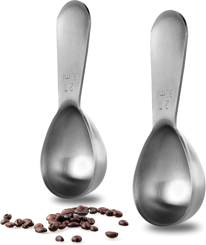 18/8 Stainless Steel Coffee Scoop: U-Taste 2 Tablespoon Metal Measuring Spoon Set of 2, Short Handled Measure Scooper for Ground Coffee, Bean, Espresso, Powder, for Canister (Silver, 2Tbsp/30ml)