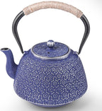 Cast Iron Tea Pot Japanese Tetsubin Tea Kettle with Stainless Steel Infuser,Tong and Iron Trivet Coated with Enamel Interior for Stovetop Safe 40 oz Blue cast iron teapot