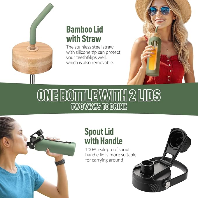Kodrine Water Bottle with Straw, 24 oz Glass water Bottle with 2 Lids Bamboo Straw Lid and Spout Lid with Handle, 32 oz Clear Water Bottle Glass for Sports Travel, Waterbottle with Time Marker