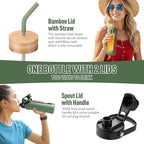 Kodrine Water Bottle with Straw, 24 oz Glass water Bottle with 2 Lids Bamboo Straw Lid and Spout Lid with Handle, 32 oz Clear Water Bottle Glass for Sports Travel, Waterbottle with Time Marker