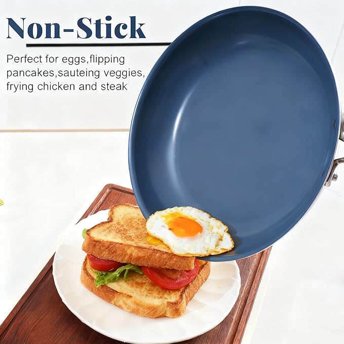 Stainless Steel Non Stick Frying Pan,10 Inch Healthy Non Toxic Ceramic Coating Cookware with Lid,Works on Induction, Electric Stove and Gas Cooktops,PTFE PFAS PFOA Free Skillet,Dishwasher&Oven Safe
