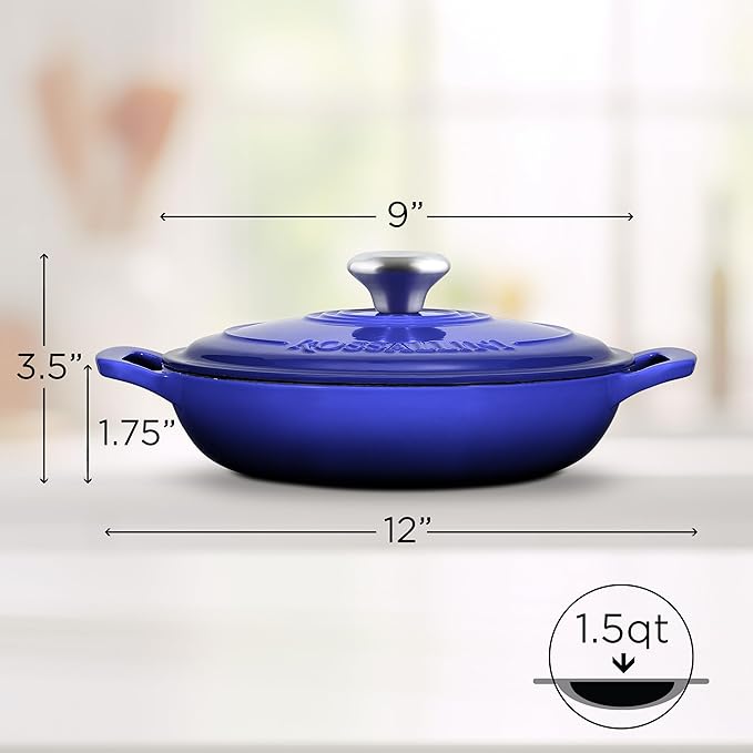 Signature Enameled Cast Iron Braiser, Non-Stick Serving Pot with Tight Fitting Lid for Perfect Roasting, Baking, Sauteing, Searing, and Pan Frying | 1.5Q (1.4L) - Indigo Blue
