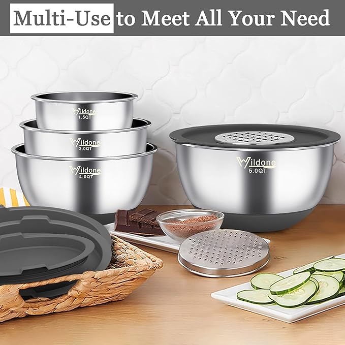 Wildone Mixing Bowls with Airtight Lids, 22 PCS Stainless Steel Mixing Bowls Set, 3 Grater Attachments, Measurement Marks & Non-Slip Bottom, Size 5, 4, 3, 2,1.5, 0.63QT, Ideal for Mixing & Prepping