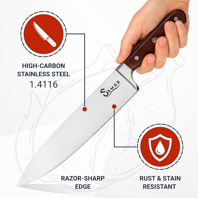 Chef Knife 8 Inch – Professional Stainless Steel Chef’s Knife with African Wood Wenge Handle & Mosaic Pin – Cuchillo de Cocina Profesional – Sharp Kitchen tool for Meat & Vegetables