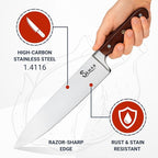 Chef Knife 8 Inch – Professional Stainless Steel Chef’s Knife with African Wood Wenge Handle & Mosaic Pin – Cuchillo de Cocina Profesional – Sharp Kitchen tool for Meat & Vegetables