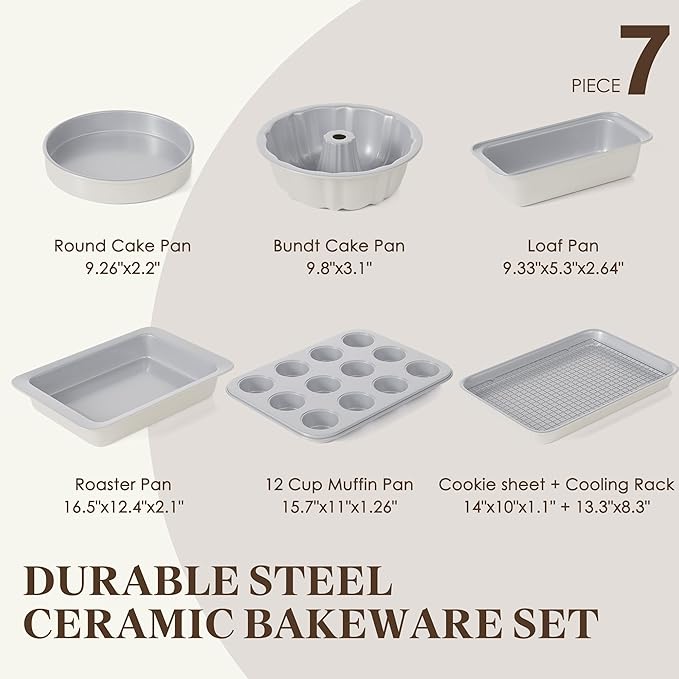VONIKI Ceramic Baking Pans Set, 7 PCS Nonstick Bakeware Sets Baking Sheets For Oven Baking Set With Cookie Sheet, Cake Pan, Loaf Pan, Muffin Pan, Roaster Pan, Cooling Rack - Nontoxic Baking Supplies
