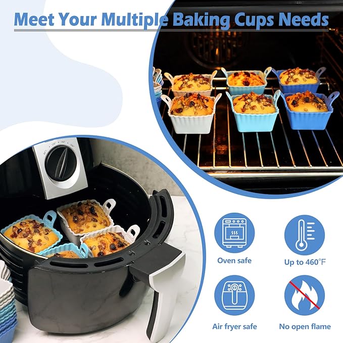 Koluti Reusable Silicone Baking Cups Set of 12, Nonstick Muffin Cupcakes Mold with Double Handle, BPA Free, Mini Square Air Fryer Cupcake Liners, 3 Colors