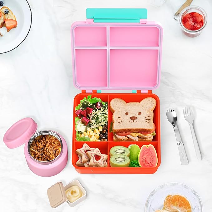 Bento Lunch Box for Kids with 9oz Soup Thermo, Leakproof Lunch Food Containers with 4 Compartment, Kids Thermo Hot Food Jar for School Travel