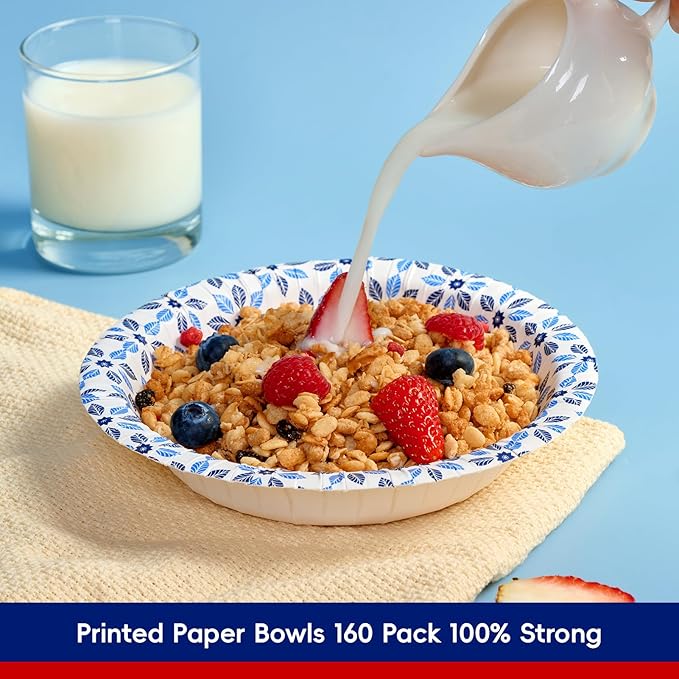 JOLLY CHEF 160 Count Paper Bowls 20 oz Soak Proof, Heavy Duty Printed Disposable Bowls Bulk for Dinner or Lunch